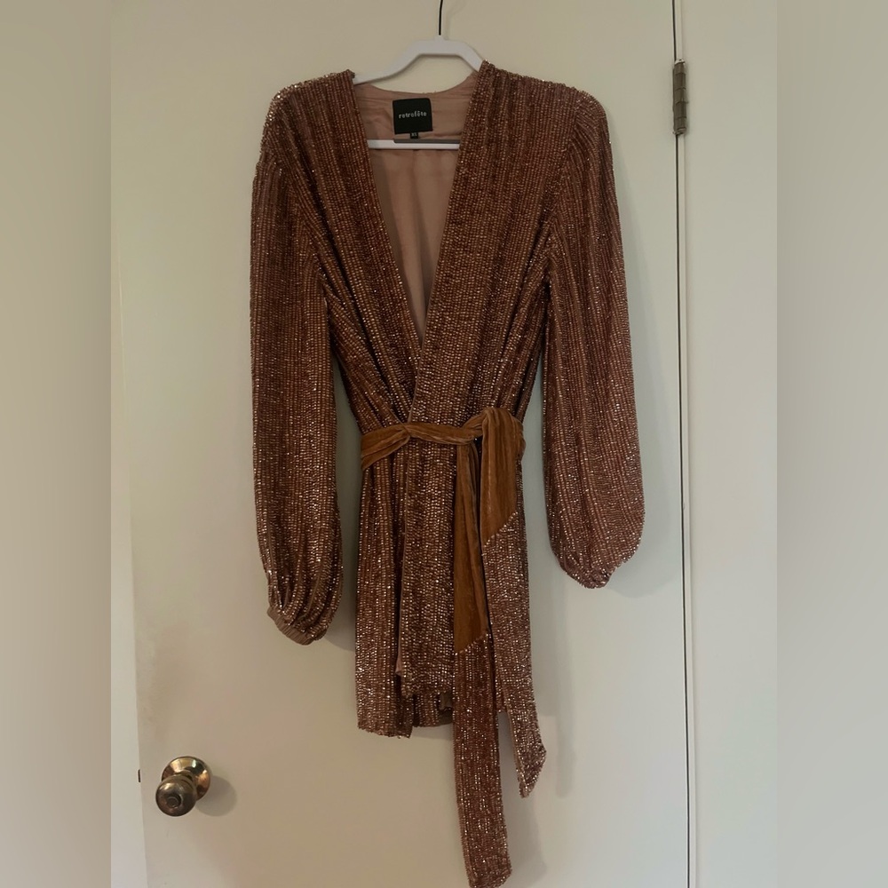 Retrofete Brown Wrap Dress with Bishop Sleeves and Plunge Neckline